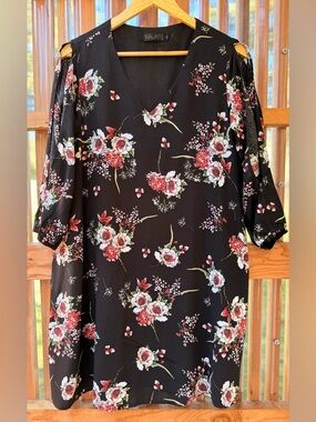 Nalati Black Floral V-Neck Dress Cold Shoulder Long Sleeve Size L
